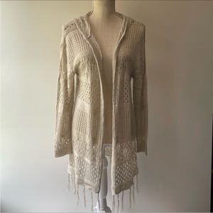 Moral Fiber Oatmeal Lightweight Hooded Fringed Cardigan; L
